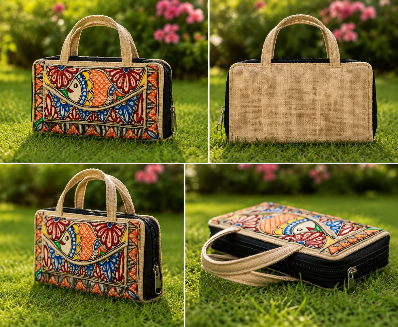 Madhubani Painted jute pouch bag
