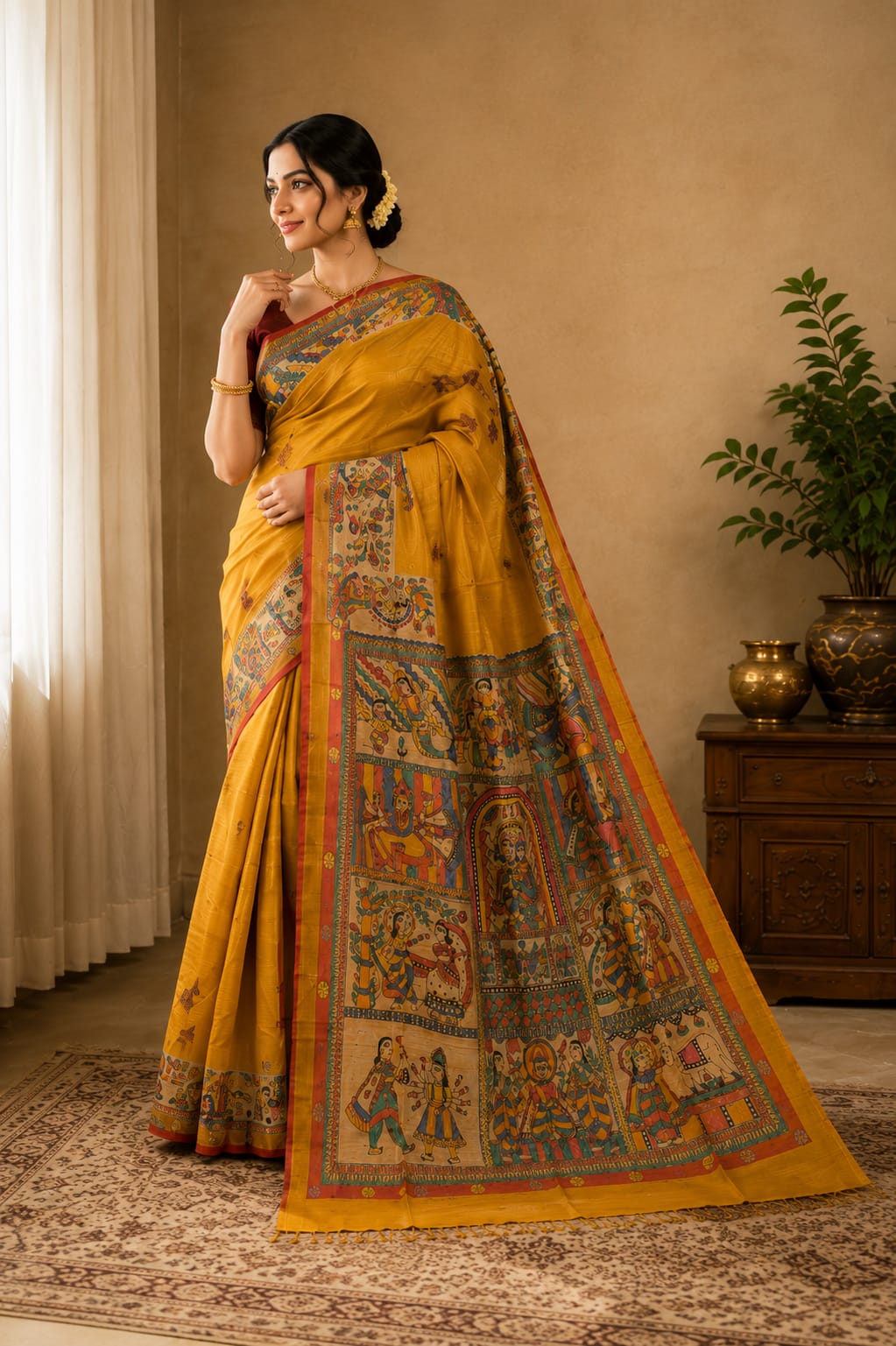 Krishna Lila Madhubani Tussar Silk Saree