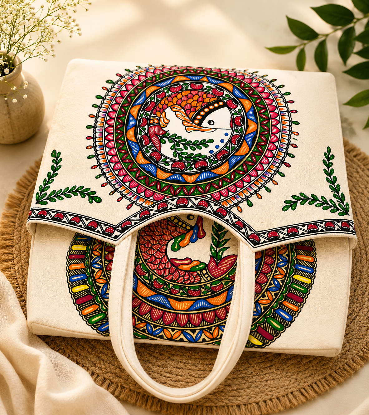 Madhubani painted tote bag design