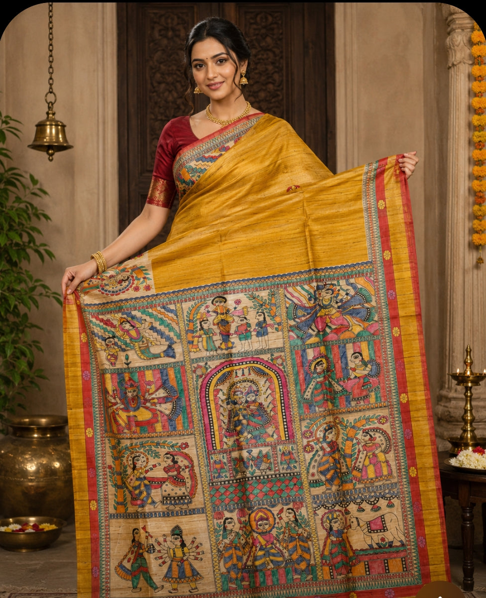 Krishna Lila Madhubani Tussar Silk Saree