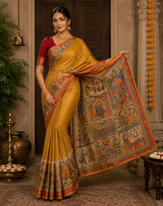 Krishna Lila Madhubani Tussar Silk Saree