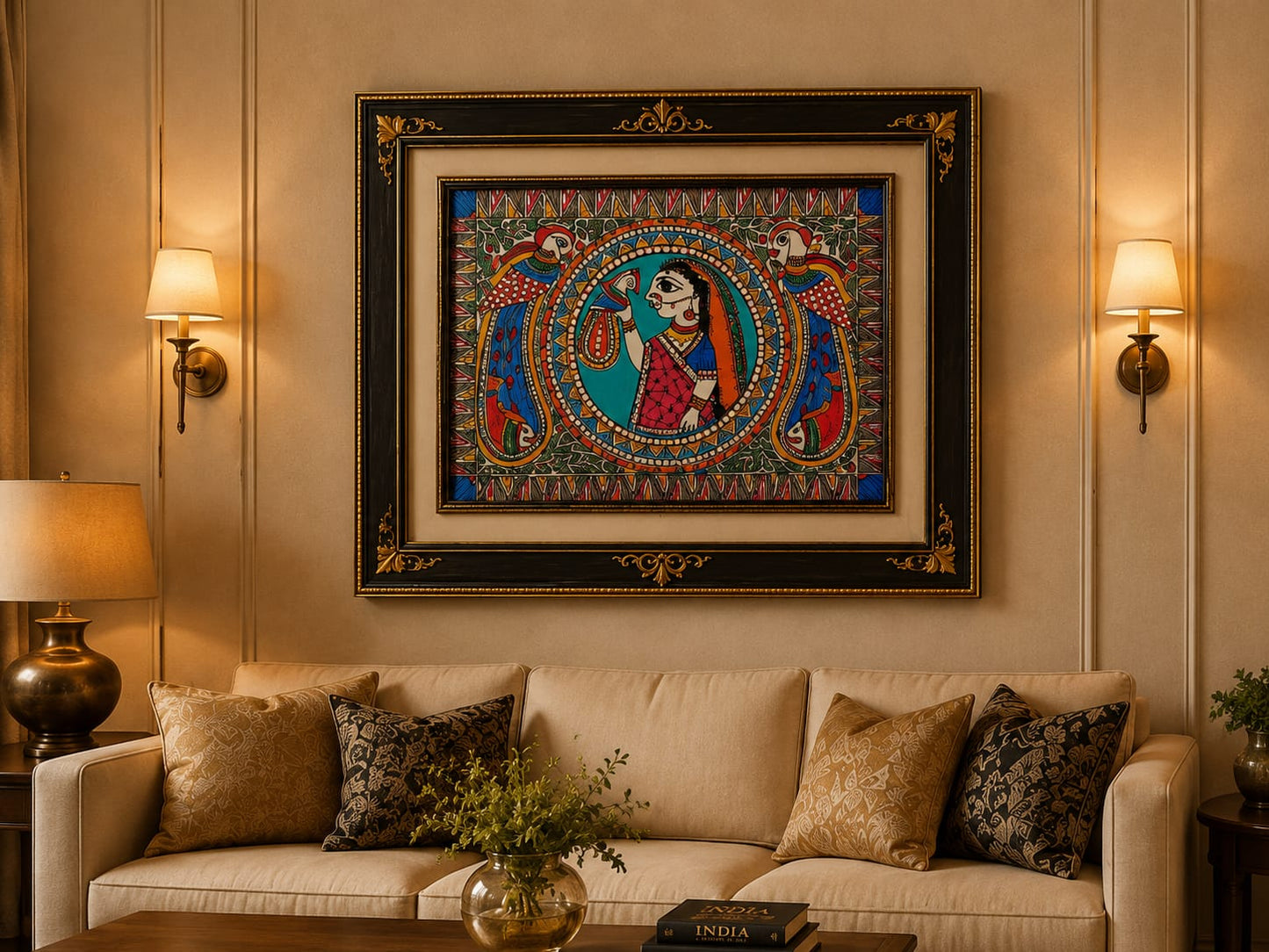 Madhubani Painted Wall Painting ( Handcrafted Madhubani Woman with Parrots Painting)