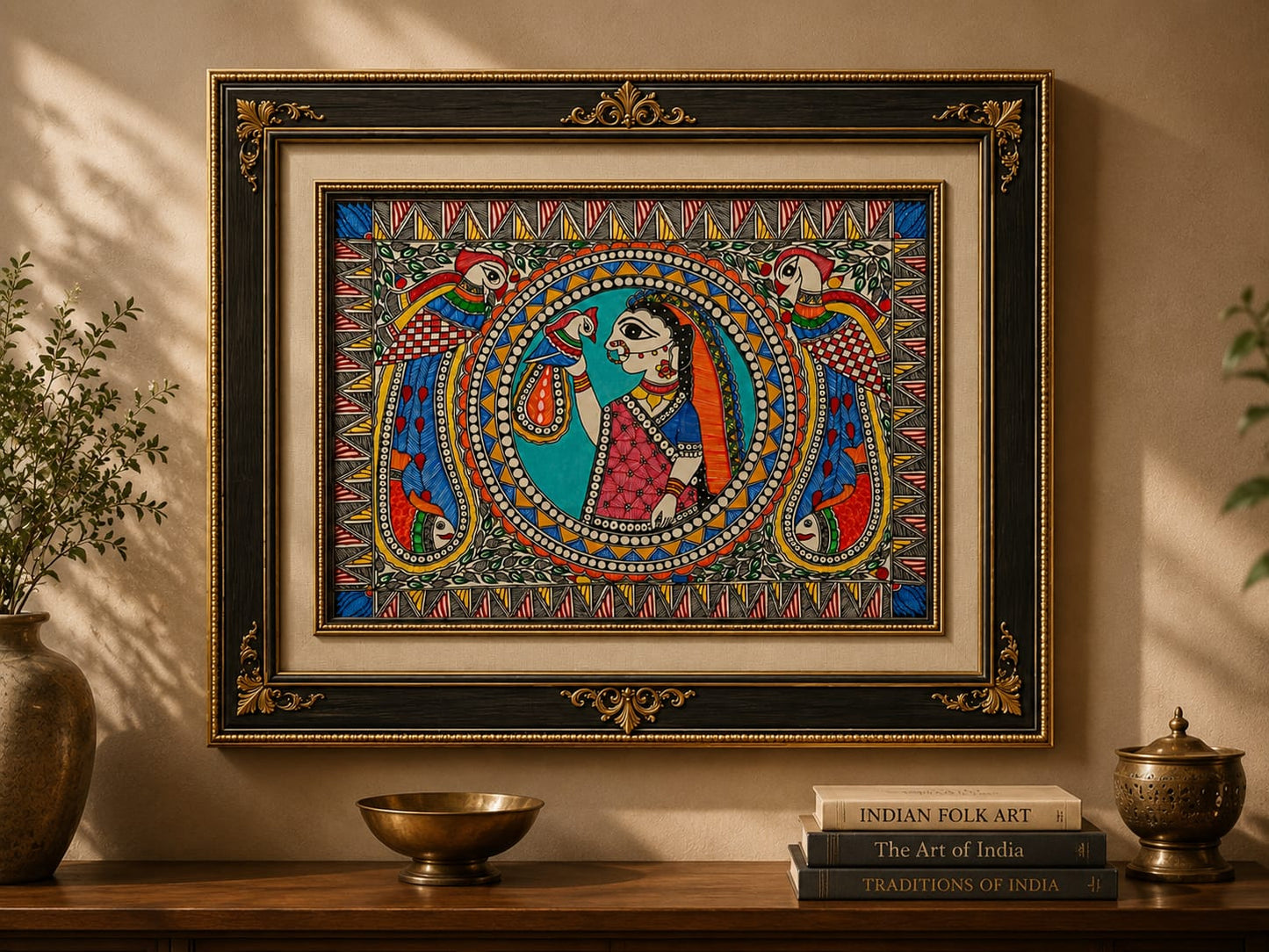 Madhubani Painted Wall Painting ( Handcrafted Madhubani Woman with Parrots Painting)