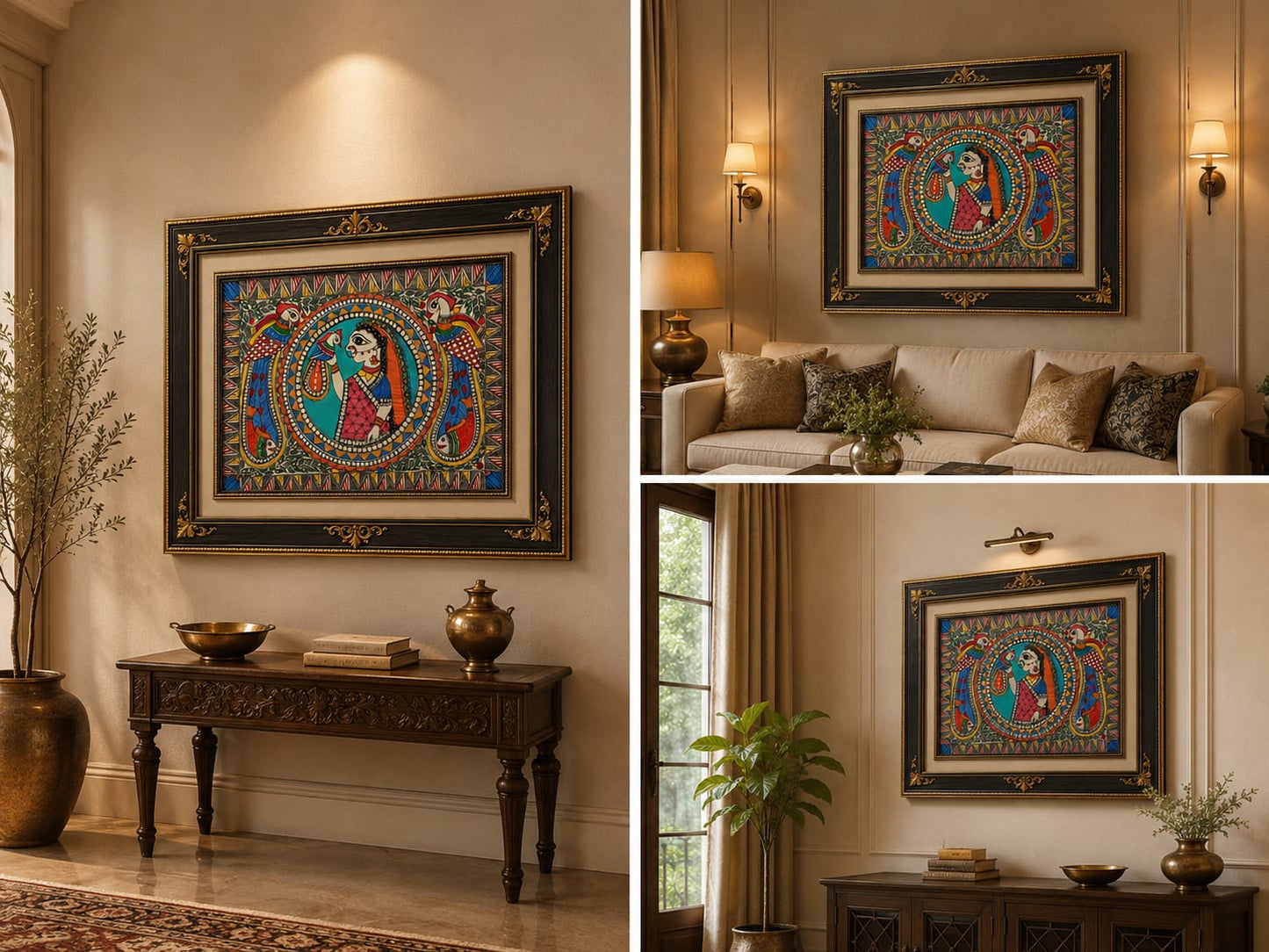 Madhubani Painted Wall Painting ( Handcrafted Madhubani Woman with Parrots Painting)