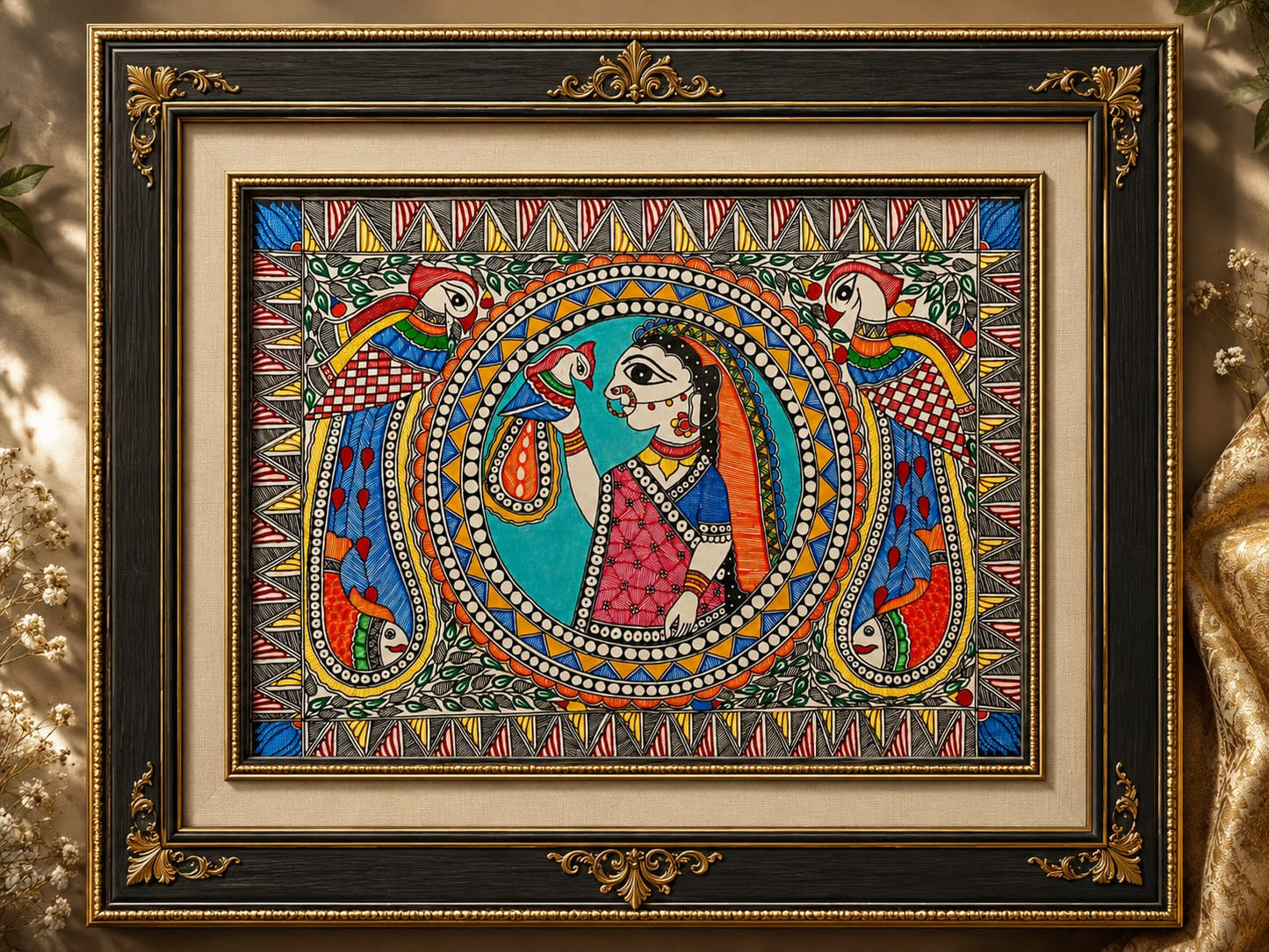 Madhubani Painted Wall Painting ( Handcrafted Madhubani Woman with Parrots Painting)