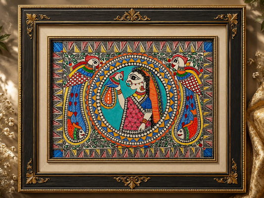 Madhubani Painted Wall Painting ( Handcrafted Madhubani Woman with Parrots Painting)