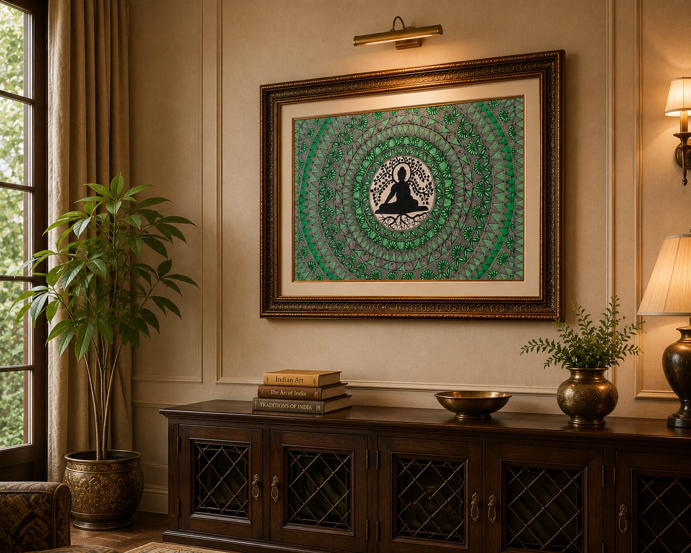 Buddha Meditation Mandala – Handcrafted Madhubani Wall Art