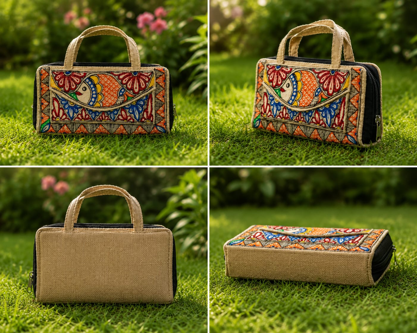 Madhubani Painted jute pouch bag