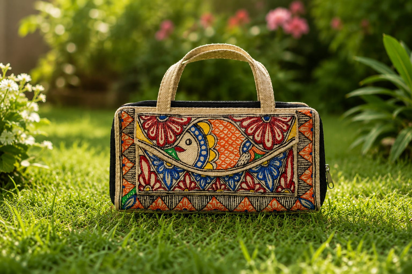 Madhubani Painted jute pouch bag