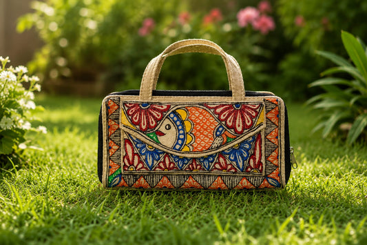Madhubani Painted jute pouch bag