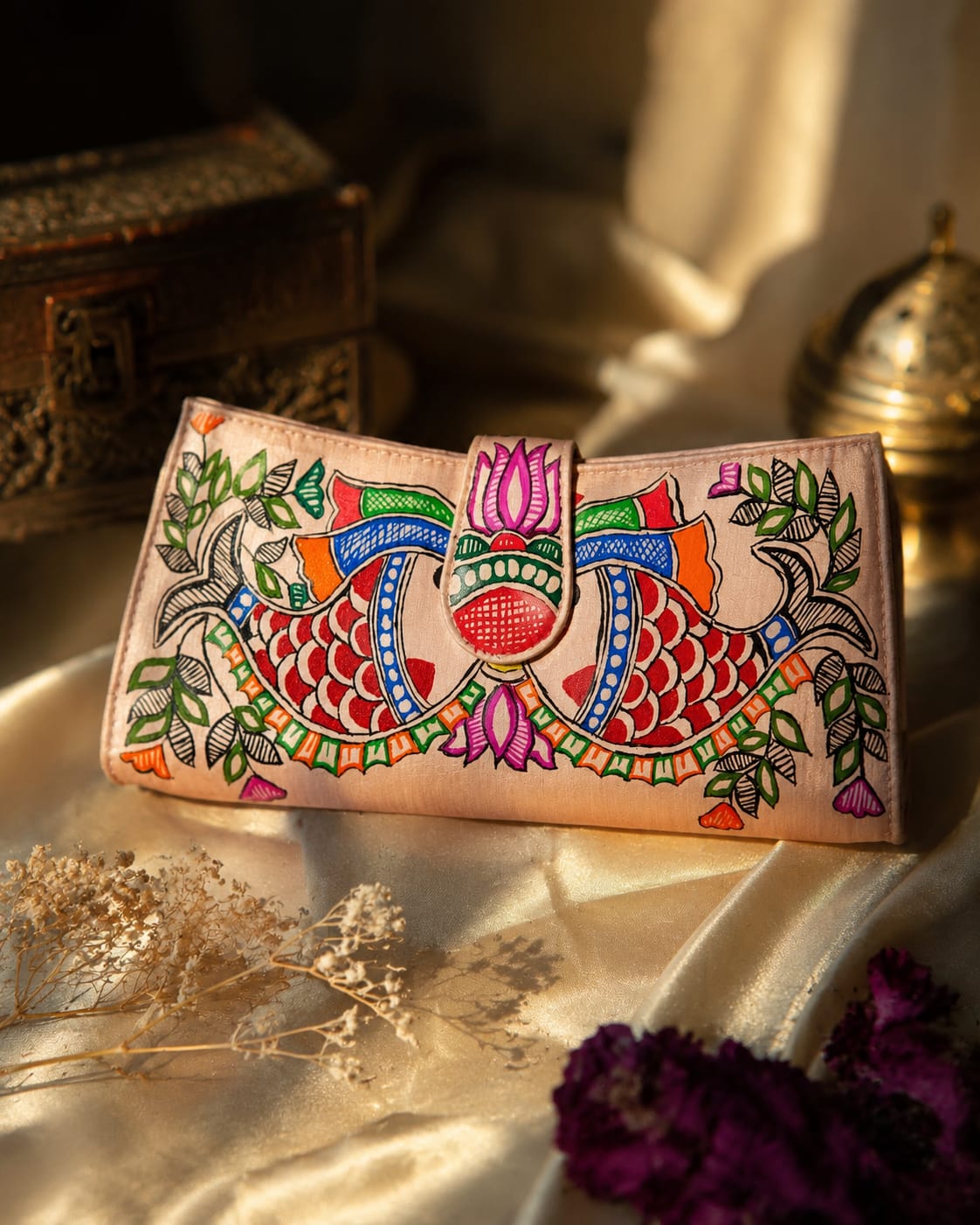 Handcrafted Madhubani Painted  Silk Clutch Wallet