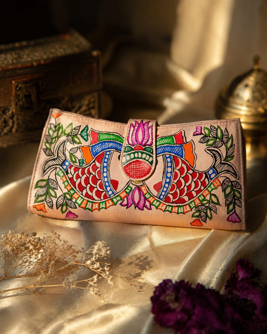Handcrafted Madhubani Painted  Silk Clutch Wallet