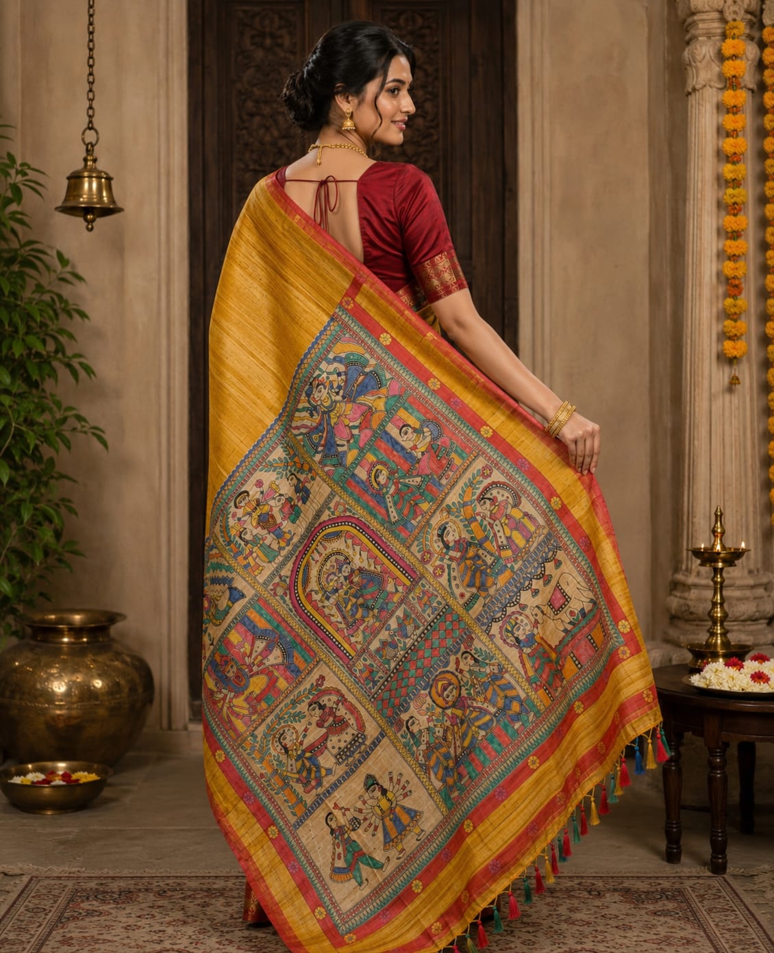 Krishna Lila Madhubani Tussar Silk Saree