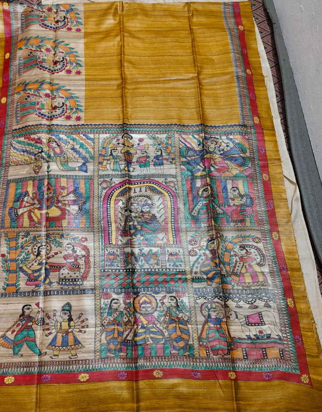 Krishna Lila Madhubani Tussar Silk Saree