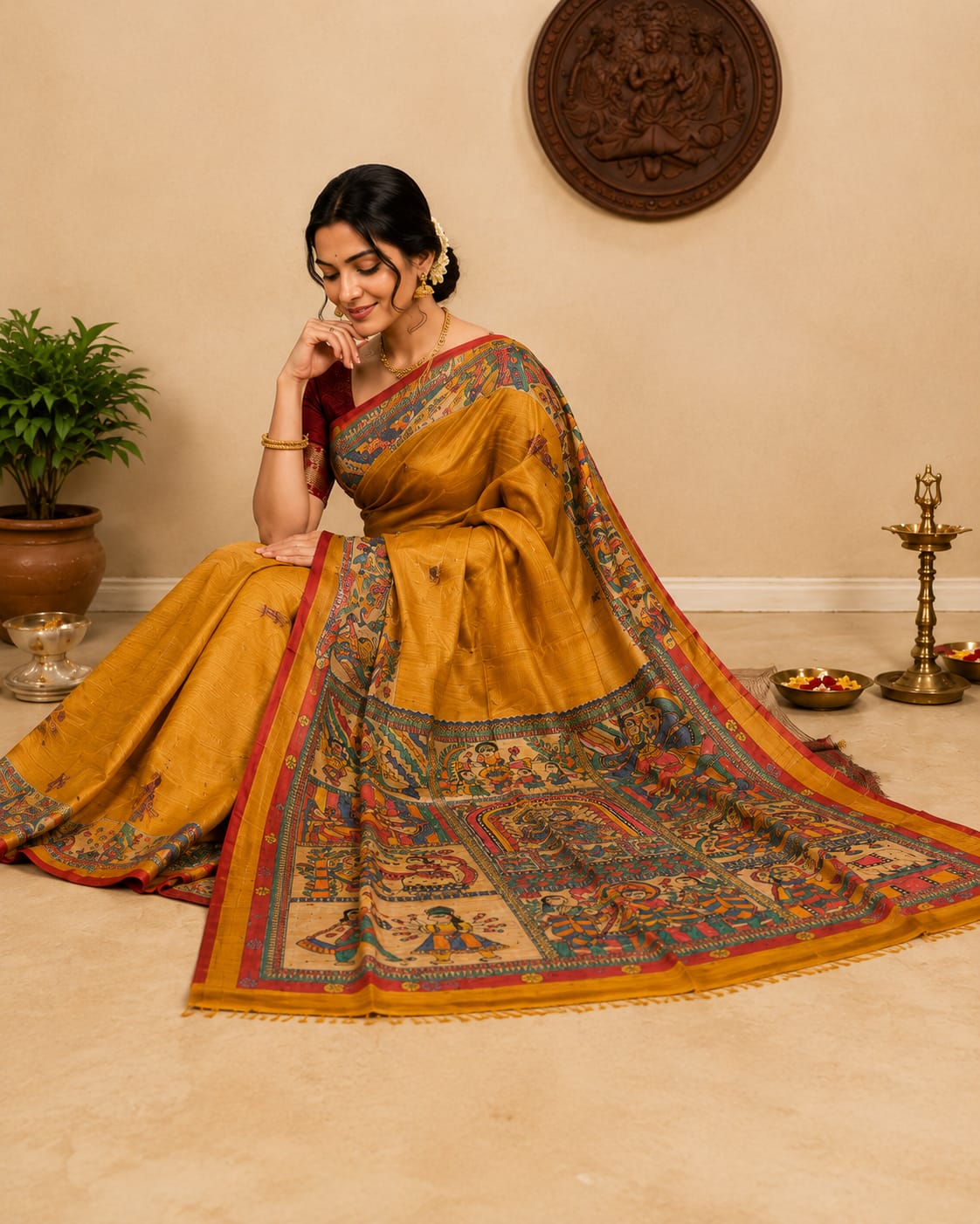 Krishna Lila Madhubani Tussar Silk Saree